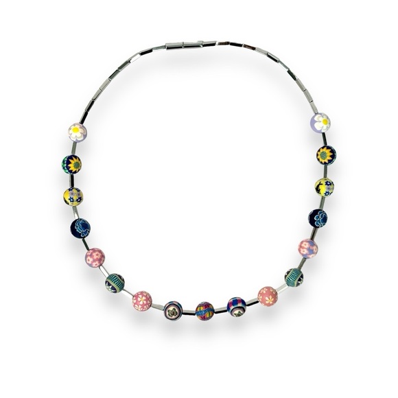 Swatch Jewelry - Vintage Swatch Bijoux Pila Beaded Necklace Stainless Steel 17.7” Floral Nature